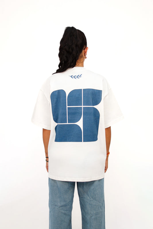 SORA Unisexe - T-shirt blanc et bleu à manches courtes - Oversize - 100% coton