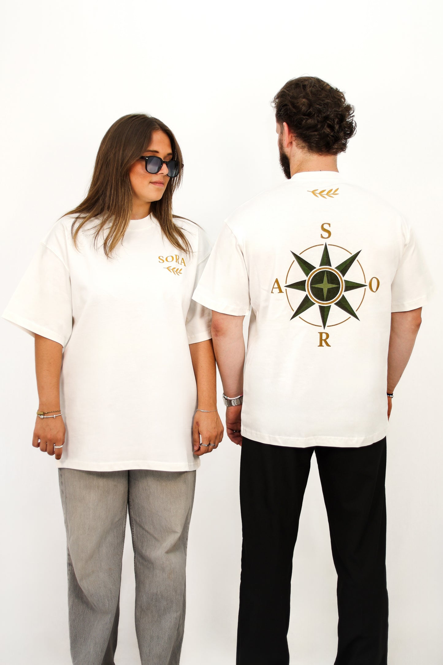 SORA Unisexe - T-shirt blanc et or à manches courtes - Oversize - 100% coton