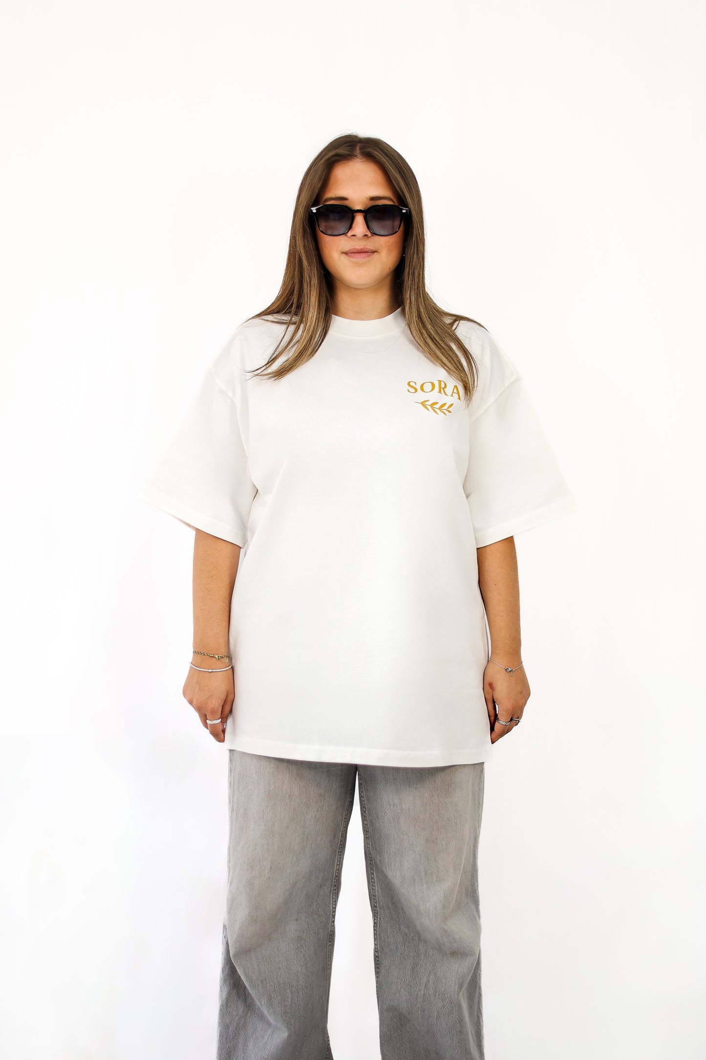 SORA Unisexe - T-shirt blanc et or à manches courtes - Oversize - 100% coton