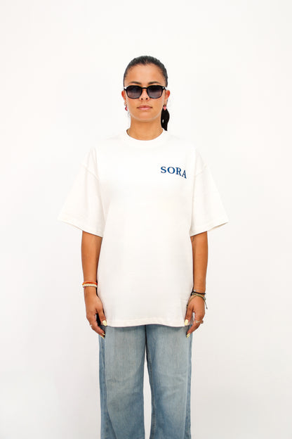 SORA Unisexe - T-shirt blanc et bleu à manches courtes - Oversize - 100% coton