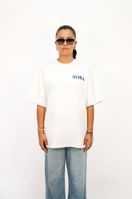 SORA Unisexe - T-shirt blanc et bleu à manches courtes - Oversize - 100% coton
