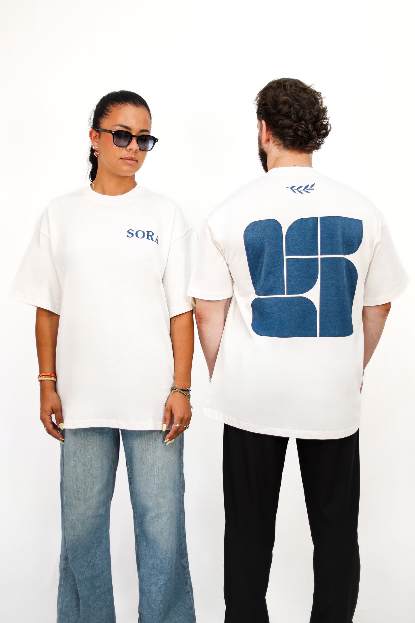 SORA Unisexe - T-shirt blanc et bleu à manches courtes - Oversize - 100% coton